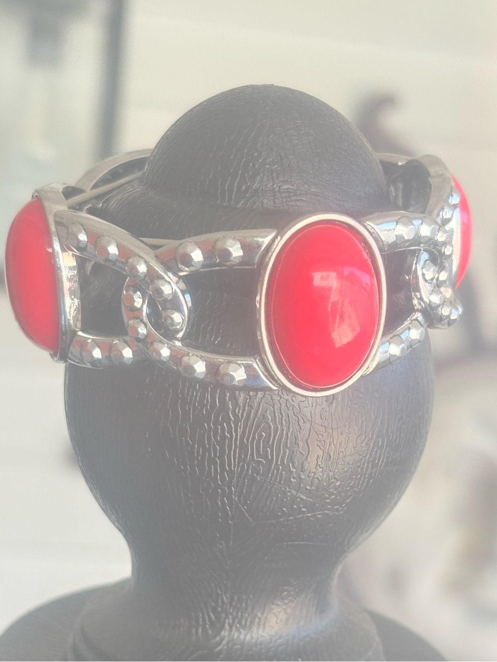 Red Stone Silver-Link Statement Bracelet - Women Jewelry